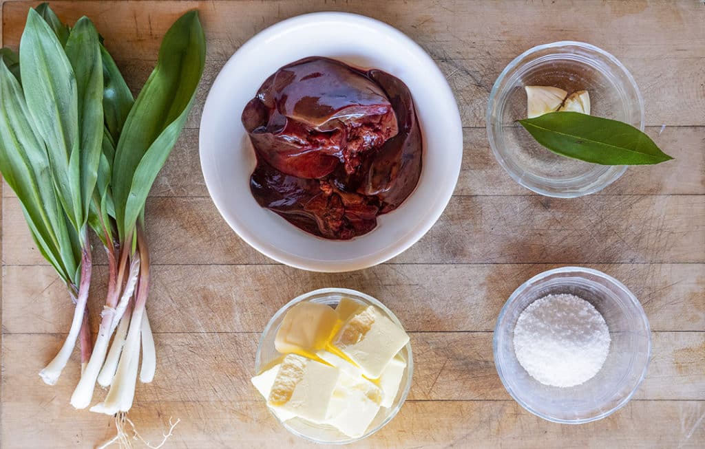 Ramps, turkey livers and other ingredients for turkey liver mousse - Modern Carnivore