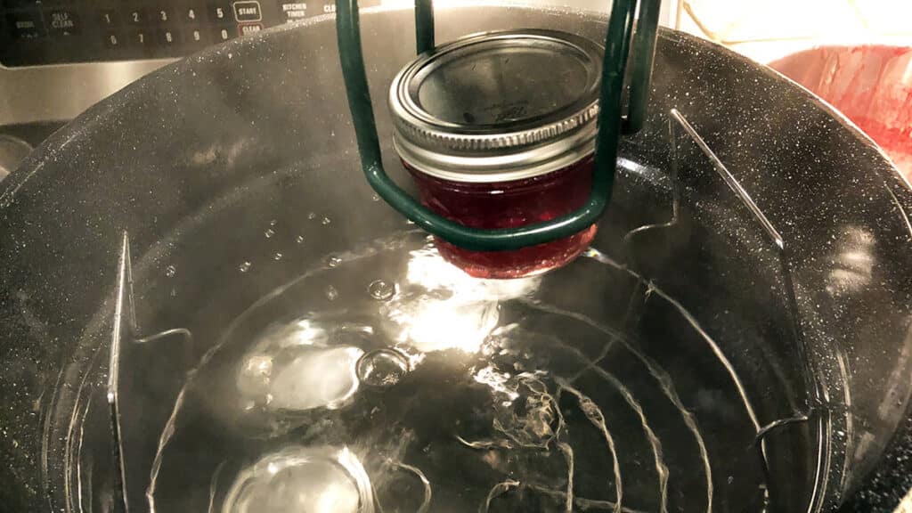 Highbush cranberry jelly goes into boiling water bath