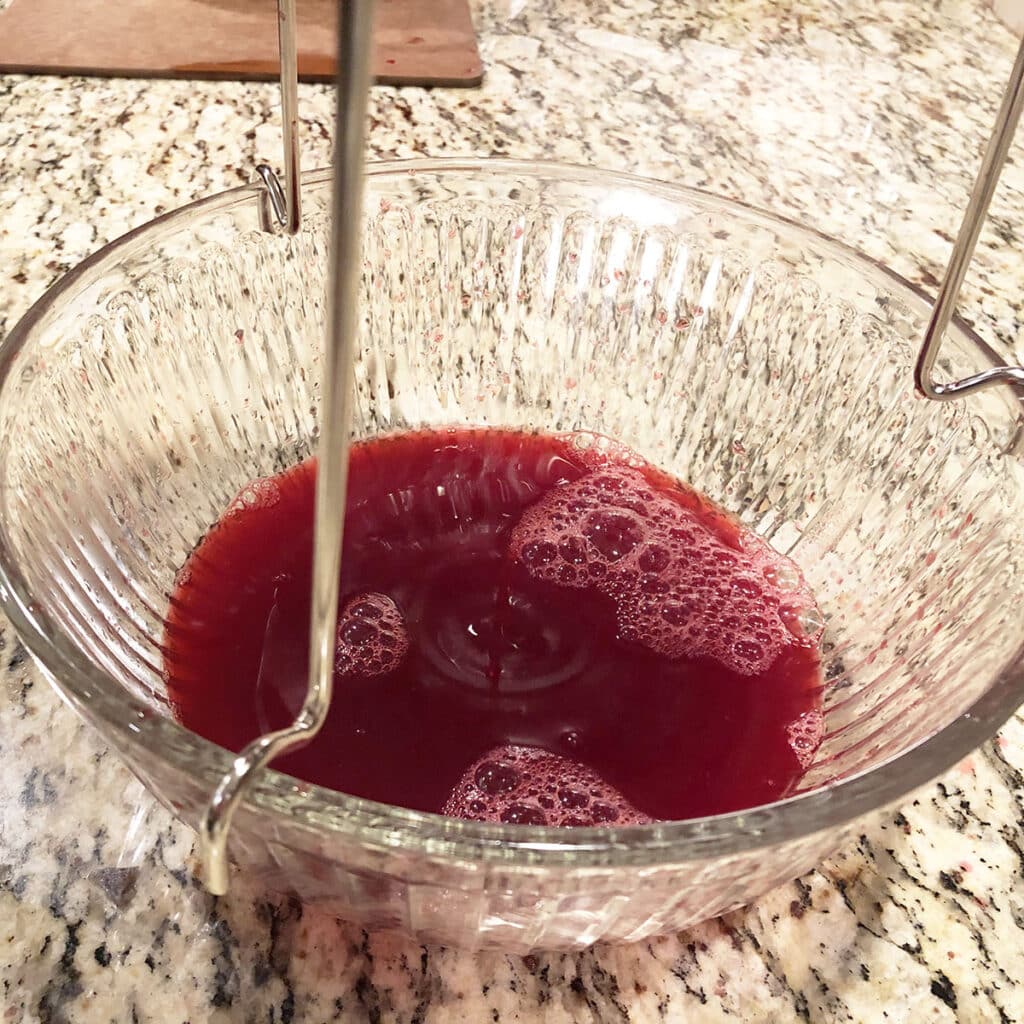 Highbush cranberry juice running clear through sieve